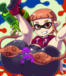 Rule 34 | 1girl, bad id, bad pixiv id, bike shorts, cameltoe, censored, flat chest, grin, inkling, inkling girl, inkling player character, kanriken, legs over head, long hair, midriff, monster girl, nintendo, no panties, novelty censor, pointy ears, prehensile hair, red eyes, red hair, shoes, short hair with long locks, skin tight, smile, sneakers, solo, splatoon (series), splatoon 1, splattershot (splatoon), spread pussy under clothes, squid, super soaker, tentacle hair, twintails