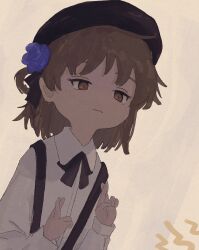 Rule 34 | 1girl, absurdres, beret, black hat, black ribbon, blue flower, blue rose, brown eyes, brown hair, closed mouth, collared shirt, commentary, crossed fingers, dutch angle, expressionless, flower, hair flower, hair ornament, hair ribbon, hands up, hat, hatoba tsugu, highres, light frown, long sleeves, looking at viewer, mani tamlyn, medium hair, neck ribbon, ribbon, rose, shirt, single hair ring, solo, suspenders, tareme, tsugu (vtuber), upper body, virtual youtuber, white shirt