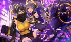 Rule 34 | 2girls, ahoge, bare shoulders, black hair, blonde hair, breasts, brown hair, cat mask, covered navel, duel monster, elbow gloves, forehead protector, gloves, gradient hair, green eyes, high heels, highres, hsin, i:p masquerena, large breasts, long hair, looking at viewer, mask, multicolored hair, multiple girls, open mouth, ponytail, s-force rappa chiyomaru, s:p little knight, sidelocks, sleeveless, smile, tail, thighhighs, twintails, yu-gi-oh!