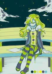 Rule 34 | 1girl, absurdres, bench, breasts, closed eyes, crayon (toh), detached sleeves, dress, full body, green hair, highres, marking on cheek, night, night sky, pale skin, revealing clothes, sandals, sky, solo, star (sky), star (symbol), star tattoo, starry sky, striped clothes, striped thighhighs, tattoo, teardrop, teardrop tattoo, thighhighs, tower of hanoi, trtn