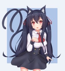 Rule 34 | 1girl, animal ears, ascot, black hair, black skirt, blue background, blush, breasts, cat ears, cat girl, cat tail, chisuzu mei, collared shirt, commentary request, fangs, forked tail, hair between eyes, hair ribbon, hand up, high-waist skirt, highres, long hair, long sleeves, looking at viewer, medium breasts, nagato-chan, open mouth, paryi project, paw pose, red ascot, red eyes, red ribbon, ribbon, shirt, skirt, solo, tail, tail raised, two-tone background, very long hair, virtual youtuber, white shirt