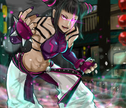 Rule 34 | 1girl, abs, absurdres, baggy pants, black hair, breasts, capcom, city, detached sleeves, female focus, fingerless gloves, gloves, han juri, hayame (m ayame), highres, nail polish, pants, pantyhose, purple eyes, solo, street fighter, street fighter iv (series), toned, twintails