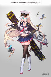 Rule 34 | 1girl, aircraft, airplane, american flag, belt, blonde hair, blue eyes, boots, breasts, brown thighhighs, cape, character name, choker, cleavage, copyright name, elbow gloves, enterprise (warship girls r), flight deck, full body, g.h (gogetsu), gloves, grey background, hat, highres, knee boots, large breasts, long hair, looking at viewer, low-tied long hair, machinery, mecha musume, midriff, miniskirt, navel, official art, pleated skirt, sbd dauntless, skirt, smile, text focus, thighhighs, uss enterprise (cv-6), very long hair, warship girls r, white footwear, white gloves, white thighhighs, zettai ryouiki