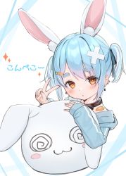 Rule 34 | 1girl, :o, animal ear fluff, animal ears, bad id, bad twitter id, blue hair, blue jacket, blue ribbon, blush, brown eyes, carrot hair ornament, commentary request, cropped torso, crossed bandaids, ear piercing, earrings, food-themed hair ornament, hair ornament, hair ribbon, highres, hololive, hood, hood down, hooded jacket, jacket, jewelry, long sleeves, looking at viewer, pekomon (usada pekora), parted lips, piercing, rabbit ears, ribbon, short eyebrows, short twintails, sidelocks, sleeves past wrists, sparkle, thick eyebrows, translation request, tsukiman, twintails, upper body, usada pekora, v, virtual youtuber, white background