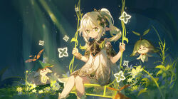 Rule 34 | 1girl, 2others, aranara (genshin impact), bloomers, bracelet, cape, cross-shaped pupils, detached sleeves, dress, flower, genshin impact, gradient hair, green cape, green eyes, green sleeves, hair between eyes, hair ornament, highres, jewelry, leaf hair ornament, long hair, looking at viewer, multicolored hair, multiple others, nahida (genshin impact), plant, pointy ears, sevallasd, side ponytail, sidelocks, smile, symbol-shaped pupils, underwear, white bloomers, white dress, white hair
