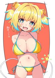 Rule 34 | + +, 1girl, :3, aqua hair, arms behind back, bare shoulders, bikini, blonde hair, blue eyes, blue hair, blue trim, blush, bombergirl, breasts, cleavage, clover-shaped pupils, collarbone, colored tips, commentary, cowboy shot, explosive, fangs, flower-shaped pupils, fuse, fuse tail, grenade, grenade hair ornament, groin, hair intakes, hair ornament, highres, kenzuishi, large breasts, leaning back, lit fuse, looking at viewer, medium hair, multicolored hair, navel, open mouth, oppai loli, pine (bombergirl), side-tie bikini bottom, sideboob, simple background, smile, smug, solo, straight-on, swimsuit, symbol-shaped pupils, tareme, two-tone hair, two side up, underboob, yellow bikini, yellow pupils