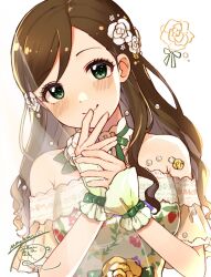 Rule 34 | 1girl, bare shoulders, breasts, brown hair, choker, closed mouth, collarbone, dot nose, dress, etou misaki (idolmaster), floral print dress, flower, green eyes, green ribbon, hair flower, hair ornament, hands up, highres, idolmaster, idolmaster cinderella girls, idolmaster cinderella girls starlight stage, long hair, looking at viewer, medium breasts, mmmakaron888, neck ribbon, off-shoulder dress, off shoulder, ribbon, short sleeves, signature, simple background, smile, solo, transparent curtains, white background, white choker, white flower, wrist guards, yellow flower