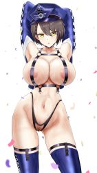 Rule 34 | 1girl, :o, absurdres, areola slip, armpits, arms behind head, arms up, azur lane, bad anatomy, baltimore (azur lane), baltimore (finish line flagbearer) (azur lane), bare shoulders, bikini, black choker, blue footwear, blue hat, boots, braid, breasts, brown hair, chest harness, choker, cleavage, collarbone, commentary request, confetti, contrapposto, cowboy shot, crotchless, female pubic hair, french braid, gluteal fold, groin, hair between eyes, harness, hat, highleg, highleg bikini, highres, large breasts, light blush, looking at viewer, md5 mismatch, navel, o-ring, o-ring top, off shoulder, official alternate costume, parted lips, peaked cap, psd available, pubic hair, race queen, resolution mismatch, sakurein, short hair, sidelocks, simple background, skindentation, solo, source larger, standing, stomach, sweat, swimsuit, teeth, thigh boots, thigh strap, toned, underbust, upper teeth only, white background, yellow eyes