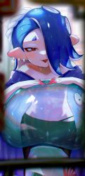 Rule 34 | 1girl, blue hair, blush, ear piercing, fangs, hair over eyes, half-closed eyes, highres, jellyfish (splatoon), kashu (hizake), long hair, navel, nintendo, octoling, panties, pants, piercing, pointy ears, red eyes, shiver (splatoon), slime (creature), smile, solo, splatoon (series), splatoon 3, stomach, suction cups, tentacle hair, tight clothes, tight pants, tongue, tongue out, underwear
