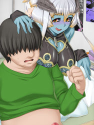 Rule 34 | 1boy, 1girl, bare shoulders, black hair, black sclera, blue skin, blush, breast rest, breasts, butakoma 300g, censored, cleavage cutout, clothing cutout, colored sclera, colored skin, demon girl, detached sleeves, fingernails, full-face blush, green shirt, hair between eyes, hair over eyes, hand on head, heart, highres, horns, indoors, lace, large breasts, licking lips, long hair, looking at viewer, penis, poster (medium), pyurachri, shirt, short hair, sleeves past wrists, smile, sweat, tissue, tongue, tongue out, white hair, yellow eyes, zipper