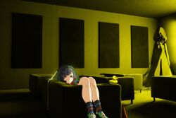 Rule 34 | 2girls, absurdres, black hair, black socks, blue eyes, closed mouth, colored inner hair, commentary, couch, dress, dual persona, face in shadow, film grain, highres, hood, hood up, hooded dress, indoors, kamitsubaki studio, knees up, kuzaki ginko, looking at viewer, multicolored eyes, multicolored hair, multiple girls, on couch, reclining, red eyes, red hair, rim (kamitsubaki studio), rubber duck, shoes, sleeveless, sleeveless dress, smile, socks, standing, virtual youtuber, wide shot, yellow background, yellow pupils