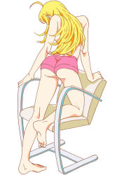 Rule 34 | 1girl, ahoge, ass, barefoot, blonde hair, chair, fio88, from behind, highres, hoshii miki, idolmaster, idolmaster (classic), long hair, short shorts, shorts, solo, topless