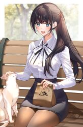 Rule 34 | 1girl, absurdres, bag, bench, bow, bowtie, brown hair, cat, collared shirt, commission, food, grey eyes, highres, office lady, original, pantyhose, paper bag, pencil skirt, pixiv commission, ponytail, shirt, sino42, sitting, skirt, smile, upper body, white shirt