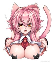 Rule 34 | 1girl, :3, animal ears, between breasts, breasts, cat ears, cat tail, covered erect nipples, huge breasts, komomo (tk), necktie, necktie between breasts, original, pasties, pink hair, solo, tail, takatsuki ichi