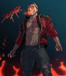Rule 34 | 1boy, abs, ashes, bara, bare pectorals, denim, fire, groin, highres, hockey mask, jacket, jeans, male focus, mask, mature male, muscular, muscular male, navel, night, night sky, official alternate costume, open clothes, open jacket, overwatch, overwatch 1, paid reward available, pants, pectorals, red jacket, scar, scar on chest, shirt, shoulder spikes, signature, sky, slasher: 76, soldier: 76 (overwatch), solo, sparse navel hair, spikes, thedamnthinguy, torn clothes, torn jeans, torn pants, white hair