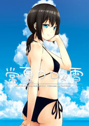 Rule 34 | 10s, 1girl, ass, bare arms, bare shoulders, bikini, black bikini, black ribbon, blue eyes, blue sky, breasts, brown hair, closed mouth, cloud, day, fubuki (kancolle), hand on own cheek, hand on own face, kantai collection, kouji (campus life), looking at viewer, low ponytail, ribbon, side-tie bikini bottom, sideboob, sky, small breasts, smile, solo, standing, swimsuit, text focus, translation request