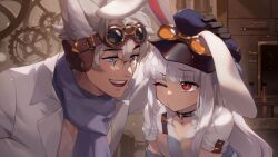 1boy 1girl animal_ear_fluff animal_ears artist_request blue_eyes blue_scarf check_artist closed_mouth ein_lee eye_contact father_and_daughter game_cg grey_hair highres long_hair looking_at_another non-web_source open_mouth rabbit_ears rabbit_girl red_eyes scarf short_sleeves teeth tevi tevi_(character) upper_teeth_only white_hair wolf_boy wolf_ears zema_(tevi)