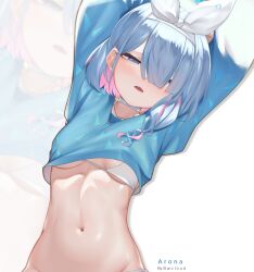Rule 34 | 1girl, absurdres, arms up, arona (blue archive), artist name, bikini, blue archive, blue eyes, blue hair, blue shirt, blush, braid, breasts, bwcloud, character name, choker, collar, colored inner hair, commentary request, hair over one eye, hair ribbon, half-closed eyes, highres, looking afar, midriff, multicolored hair, navel, one eye covered, open mouth, pink hair, ribbon, shirt, short hair, small breasts, solo, swimsuit, upper body, white bikini, white choker, white collar, white ribbon, zoom layer