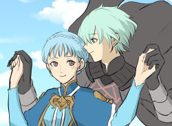 Rule 34 | 1boy, 1girl, blue eyes, blue hair, byleth (fire emblem), byleth (male) (fire emblem), cloud, couple, fire emblem, fire emblem: three houses, gloves, green eyes, green hair, hetero, holding hands, looking at another, marianne von edmund, nintendo, sky, smile