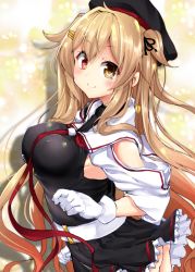 Rule 34 | 1girl, armpits, belt, beret, black hat, black serafuku, black shirt, black skirt, blonde hair, blush, breasts, brown eyes, closed mouth, covered erect nipples, frilled skirt, frills, from side, gloves, hair ornament, hairclip, hat, heterochromia, kantai collection, large breasts, long hair, looking at viewer, mokufuu, murasame (kancolle), pleated skirt, red eyes, sailor collar, school uniform, serafuku, shadow, shirt, simple background, skirt, smile, solo, two side up, upper body, very long hair, white belt, white gloves, yellow background