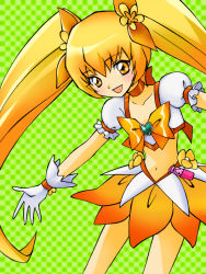 Rule 34 | 10s, 1girl, blonde hair, boots, bow, brooch, checkered background, cure sunshine, green background, hair ribbon, hamutarou, heart, heart brooch, heartcatch precure!, jewelry, long hair, magical girl, midriff, myoudouin itsuki, orange bow, orange skirt, precure, ribbon, skirt, solo, twintails, very long hair, yellow bow, yellow eyes