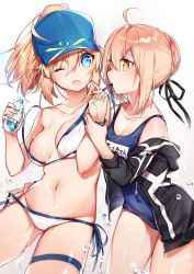 Rule 34 | ahoge, artoria pendragon (fate), bikini, black bow, blue eyes, bottle, bow, braid, breasts, collarbone, fate/grand order, fate (series), gluteal fold, hair bow, hat, highres, jacket, kamiowl, long hair, looking at another, medium breasts, mouth hold, mysterious heroine x (fate), mysterious heroine x alter (fate), mysterious heroine x alter (second ascension) (fate), mysterious heroine xx (fate), navel, one eye closed, open mouth, ponytail, school swimsuit, side-tie bikini bottom, swimsuit, thigh strap, undressing, wardrobe malfunction, water, water bottle, wet, white background, yellow eyes