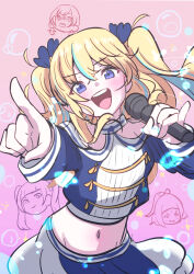 Rule 34 | 1girl, 4girls, absurdres, blonde hair, blue eyes, blue hair, blue ribbon, blue shirt, blue skirt, blush, commentary request, giorgio (yo sumire sola1), hair between eyes, hair ribbon, highres, holding, holding microphone, idol, idol clothes, kouzuki mahiru, long hair, long sleeves, microphone, midriff, multicolored hair, multiple girls, navel, nervous sweating, official alternate costume, open mouth, pink background, pleated skirt, pointing, pointing at viewer, ribbon, shirt, skirt, streaked hair, sweat, takanashi kim anouk mei, twintails, watase kiui, white skirt, yamanouchi kano, yoru no kurage wa oyogenai