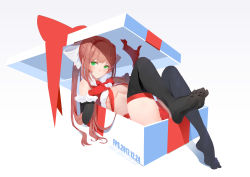 Rule 34 | 1girl, absurdres, arm warmers, artist name, black thighhighs, blurry, blush, bow, box, breasts, brown hair, christmas, cleavage, dated, depth of field, doki doki literature club, feet, foot focus, foreshortening, fps, fur trim, gift, gift box, gloves, graphite (medium), green eyes, hair bow, hand on own chest, highres, in box, in container, long hair, looking at viewer, medium breasts, monika (doki doki literature club), no shoes, pom pom (clothes), ponytail, red gloves, ribbon, santa costume, simple background, smile, solo, thighhighs, toes, traditional media, white background