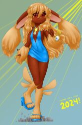 Rule 34 | 1girl, :3, alloyrabbit, animal nose, arm at side, black sclera, blonde hair, blue background, blue dress, blue footwear, body fur, brown fur, city, clenched hand, closed mouth, collarbone, colored sclera, covered erect nipples, covered navel, creatures (company), dated, destruction, dress, english text, female focus, flat chest, furry, furry female, game freak, gen 4 pokemon, giant, giantess, glowing, gluteal fold, hair between eyes, hand up, happy, happy new year, high heels, highres, holding, holding pocket watch, jewelry, knees together feet apart, legs, light rays, long ears, long hair, looking at viewer, lopunny, necklace, new year, nintendo, personification, pocket watch, pokemon, pokemon (creature), rabbit ears, rabbit girl, red eyes, sandals, short dress, side slit, sidelocks, sleeveless, sleeveless dress, smile, solo, thighs, two-tone fur, watch, yellow fur