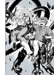 Rule 34 | 1girl, 2boys, all might, armor, armored gloves, beard, belt, belt buckle, blush, boku no hero academia, breast pocket, buckle, buttons, carrying, carrying person, child carry, closed eyes, clothing request, collared shirt, colored sclera, cowboy shot, crack, cross-laced footwear, crosshatching, curly hair, david shield, debris, dress shirt, facial hair, floating hair, gb0071fg, grey background, greyscale, grin, hand on another&#039;s thigh, hand on another&#039;s waist, hand on own face, hands up, happy, hatching (texture), high-waist pants, highres, laughing, long hair, mechanical tentacles, melissa shield, monochrome, multiple boys, official alternate costume, open collar, pants, plaid, plaid pants, pocket, power armor, rimless eyewear, round teeth, science fiction, shirt, shoes, short hair, short sleeves, sidelocks, sitting on shoulder, sleeves past elbows, sleeves rolled up, smile, sneakers, spoilers, swept bangs, tearing up, tears, teeth, turning head, unmoving pattern, upper teeth only, wing collar, yagi toshinori