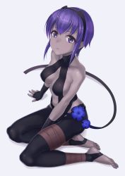1girl, ankle wrap, arm support, bandage, bare shoulders, barefoot, between legs, black gloves, black hairband, black pants, black skin, breasts, cleavage, collarbone, colored skin, fate/prototype, fate/prototype: fragments of blue and silver, fate (series), fingerless gloves, full body, gloves, grey background, hairband, hand between legs, hassan of serenity (fate), highres, looking at viewer, medium breasts, nail polish, navel, pants, parted lips, purple eyes, purple hair, purple nails, shinno, shiny, shiny skin, short hair with long locks, sidelocks, sitting, soles, solo, stomach, toenail polish, toes