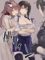 Rule 34 | 10s, 3girls, assisted exposure, bad id, bad twitter id, black legwear, breasts, brown eyes, brown hair, closed eyes, dress, fukazaki (g425hw45), hair between eyes, japanese clothes, kaga (kancolle), kantai collection, large breasts, long hair, multiple girls, muneate, neckerchief, open mouth, ponytail, red neckerchief, saratoga (kancolle), side ponytail, sidelocks, smokestack, tasuki, tearing clothes, torn clothes, translated, white dress, zuikaku (kancolle)