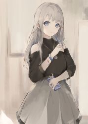 Rule 34 | 1girl, absurdres, bare shoulders, black skirt, blue eyes, closed mouth, clothing cutout, commentary request, food, grey hair, grey skirt, hanagin, highres, holding, holding food, light frown, long hair, looking at viewer, original, pocky, puffy short sleeves, puffy sleeves, short sleeves, shoulder cutout, skirt, solo, watch, wristwatch