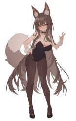 Rule 34 | 1girl, absurdres, animal ear fluff, animal ears, bare shoulders, black choker, black footwear, black leotard, blush, breasts, brown eyes, brown hair, brown pantyhose, choker, closed mouth, collarbone, covered navel, eyelashes, fox ears, fox girl, fox tail, full body, hair between eyes, hand on own hip, hand up, heart, high heels, highres, large breasts, leotard, long hair, looking at viewer, original, pantyhose, playboy bunny, shoes, sidelocks, simple background, solo, standing, tail, v, white background, wrist cuffs, zerocat