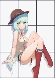 Rule 34 | 1girl, absurdres, animal ears, aqua eyes, aqua hair, arknights, bare arms, bare shoulders, bear ears, blunt bangs, breasts, brown hat, brown shirt, from side, full body, gk guoke, hat, highres, invisible chair, istina (arknights), kneehighs, knees up, long hair, looking at viewer, looking to the side, medium breasts, neck ribbon, no pants, no shoes, parted lips, red ribbon, red socks, ribbon, shirt, signature, sitting, sleeveless, sleeveless shirt, smile, socks, solo, two-tone background, very long hair