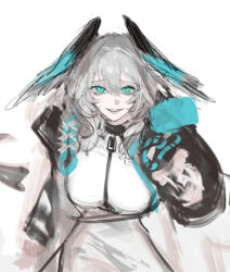 Rule 34 | 1girl, aqua eyes, aqua wings, arknights, between breasts, black pantyhose, black tail, breasts, coat, cowboy shot, dress, feathered wings, grey hair, grin, hair between eyes, head wings, ho&#039;olheyak (arknights), huangjin shizi, large breasts, long sleeves, multicolored coat, open clothes, open coat, pantyhose, pencil dress, short dress, short hair, sidelocks, smile, snake girl, snake tail, solo, strap between breasts, tail, two-tone coat, two-tone wings, unfinished, white background, white dress, wings