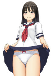 1girl, bangs, black eyes, black hair, blouse, blue sailor collar, blue skirt, blush, bow, bow panties, closed mouth, commentary request, cowboy shot, crotch seam, eyebrows visible through hair, gluteal fold, lifted by self, looking at viewer, maburu (lojyq1eur3e8bit), medium hair, miniskirt, neckerchief, original, panties, pleated skirt, red neckwear, sailor collar, short sleeves, simple background, skirt, skirt lift, smile, solo, standing, underwear, white background, white blouse, white panties