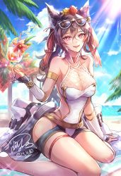 Rule 34 | 1girl, animal ears, armlet, bare shoulders, beach, belt, black hair, blush, breasts, bridal gauntlets, cape, unworn cape, cleavage, collarbone, cup, day, drinking glass, drinking straw, ear piercing, erune, eyewear on head, flower, granblue fantasy, hair between eyes, hair flower, hair ornament, hair ribbon, hip focus, ilsa34660285, jewelry, jiyo (3510 tss), large breasts, long hair, looking at viewer, ocean, one-piece swimsuit, open mouth, palm tree, piercing, ponytail, red eyes, red ribbon, ribbon, seiza, signature, sitting, smile, solo, sparkle, sunglasses, sunlight, swimsuit, thigh strap, thighs, tree