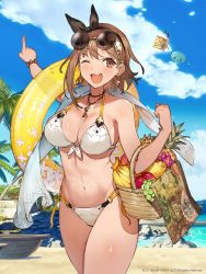 Rule 34 | 1girl, atelier (series), atelier ryza, atelier ryza 2, banana, basket, beach, bikini, blue sky, breasts, brown eyes, brown hair, cleavage, curvy, food, fruit, grapes, hair ornament, hairclip, hat, highres, index finger raised, innertube, jewelry, key, key necklace, large breasts, looking at viewer, navel, necklace, ocean, official art, open mouth, outdoors, pineapple, reisalin stout, short hair, shorts, sky, smile, solo, swim ring, swimsuit, thick thighs, thighhighs, thighs, thong, thong bikini, toridamono, tropical, water, wide hips