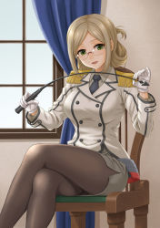 Rule 34 | 10s, 1girl, :d, breasts, brown hair, brown pantyhose, buttons, chair, collared shirt, crossed legs, curtains, double-breasted, epaulettes, eyebrows, folded ponytail, glasses, gloves, green eyes, grey shirt, hida tatsuo, holding, indoors, kantai collection, katori (kancolle), large breasts, long hair, long sleeves, looking at viewer, military, military uniform, miniskirt, necktie, on chair, open mouth, pantyhose, pencil skirt, riding crop, rimless eyewear, shirt, sitting, skirt, smile, solo, uniform, wall, white gloves, window