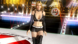 Rule 34 | 3d, belt, blonde hair, breasts, collar, dead or alive, dead or alive 5, fishnets, green eyes, helena douglas, highres, jewelry, large breasts, midriff, necklace, official art, official wallpaper, ring, tecmo, wallpaper