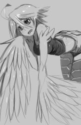 Rule 34 | 10s, 1girl, ahoge, bankage, breasts, feathered wings, greyscale, harpy, monochrome, monster girl, monster musume no iru nichijou, no hands, papi (monster musume), scales, sketch, small breasts, smile, solo, tank top, winged arms, wings