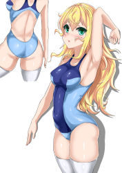 Rule 34 | 1girl, absurdres, arm up, armpits, ass, back, back cutout, blonde hair, blue one-piece swimsuit, blush, breasts, butt crack, clothing cutout, collarbone, contrapposto, covered erect nipples, covered navel, cowboy shot, crotch seam, from behind, green eyes, hair between eyes, highres, lfafa, long hair, looking at viewer, medium breasts, mole, mole under eye, multiple views, nail polish, one-piece swimsuit, original, parted lips, pink nails, shiny clothes, shiny skin, sidelocks, simple background, skindentation, standing, swimsuit, thighhighs, two-tone swimsuit, white thighhighs