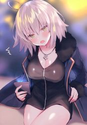 Rule 34 | 1girl, absurdres, ahoge, black dress, breasts, cleavage, closed mouth, collarbone, covering privates, covering crotch, dress, fate/grand order, fate (series), fur-trimmed jacket, fur trim, highres, jacket, jeanne d&#039;arc (fate), jeanne d&#039;arc alter (fate), jeanne d&#039;arc alter (ver. shinjuku 1999) (fate), jewelry, legs, long sleeves, necklace, official alternate costume, pencil dress, purple jacket, short hair, silver hair, simple background, solo, standing, suzuho hotaru, third-party source, white background, wicked dragon witch ver. shinjuku 1999, yellow eyes