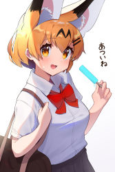 Rule 34 | 1girl, :3, absurdres, alternate costume, animal ear fluff, animal ears, bad id, bad pixiv id, bag, blonde hair, blush, bow, bowtie, commentary request, extra ears, fang, food, grey skirt, hair ornament, hairclip, highres, kemono friends, pleated skirt, popsicle, red bow, red bowtie, school bag, school uniform, serval (kemono friends), shirt, short hair, short sleeves, skirt, solo, takom, translation request, white shirt, yellow eyes