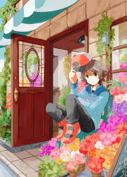 Rule 34 | 1boy, black shirt, blue jacket, brown eyes, brown hair, building, chair, closed mouth, commentary request, creatures (company), day, door, florist, flower, game freak, hat, hilbert (pokemon), holding, holding clothes, holding hat, jacket, long sleeves, looking at viewer, male focus, niimura (csnel), nintendo, outdoors, poke ball print, pokemon, pokemon bw, red footwear, red hat, shirt, shoes, short hair, sitting, smile, solo, unworn hat, unworn headwear, window
