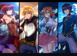 Rule 34 | 2boys, 2girls, armor, bare shoulders, belt, blonde hair, blue eyes, breasts, changpao, chinese clothes, cleavage cutout, clothing cutout, jaune arc, large breasts, leg up, lie ren, long hair, mai (xskdizzy), medium breasts, multiple boys, multiple girls, nora valkyrie, ponytail, pouch, pyrrha nikos, red hair, rwby, short hair, tongue, tongue out