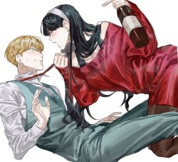 Rule 34 | 1boy, 1girl, absurdres, alcohol, black hair, blonde hair, blush, bottle, chamuring, collared shirt, drunk, earrings, formal, girl on top, gold earrings, green suit, headband, highres, holding, holding bottle, husband and wife, jewelry, long hair, neckwear grab, pantyhose, red eyes, red sweater, red tie, shirt, short hair, spy x family, suit, sweatdrop, sweater, twilight (spy x family), white background, white headband, white shirt, wine, yor briar