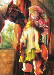 Rule 34 | 1boy, barding, blonde hair, brown eyes, curly hair, curtains, dress, unworn dress, drill hair, fire emblem, fire emblem cipher, fire emblem fates, forrest (fire emblem), frills, fujikawa arika, gloves, hat, highres, holding, holding clothes, horse, indoors, light smile, long hair, long sleeves, male focus, nintendo, official art, open mouth, pants, parted lips, solo, standing, swept bangs, table, trap, wallpaper (object), window