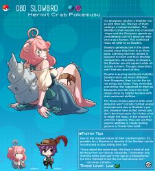 Rule 34 | 1boy, 1girl, ahoge, animal ears, animal feet, artist name, bracelet, breasts, character name, character profile, claws, commentary, constricted pupils, creatures (company), curly hair, dress, english commentary, english text, game freak, gen 1 pokemon, hat, hat feather, highres, jewelry, kinkymation, leaning back, looking at viewer, looking back, medium breasts, medium hair, nintendo, off-shoulder shirt, off shoulder, personification, pink hair, pokemon, purple hair, shirt, slowbro, swept bangs, tail, thigh strap